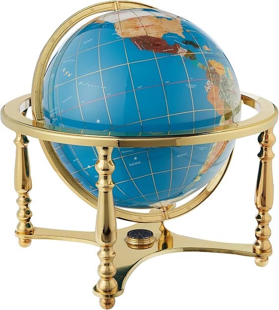 Unique Art 21-Inch Tall Turquoise Ocean Table Top Gemstone World Globe with 4 Leg Gold Stand