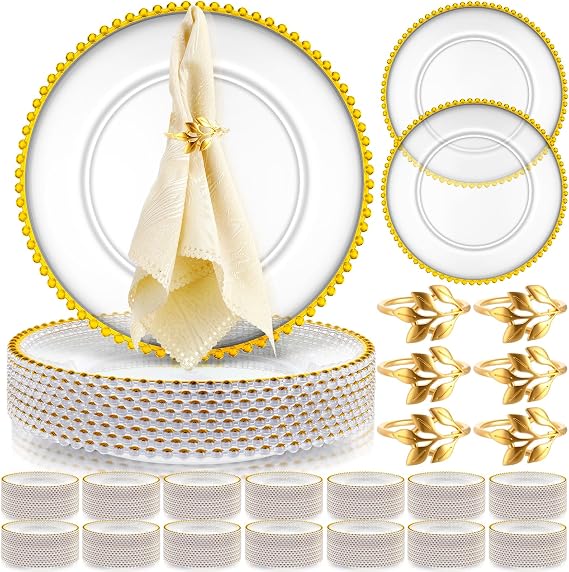 50 Set Acrylic Charger Plates 13" Beaded, Clear and Gold | Includes Napkin Rings, Beaded Rim Design, Round Plastic Plates for Wedding Party Thanksgiving Dinner Table Decoration