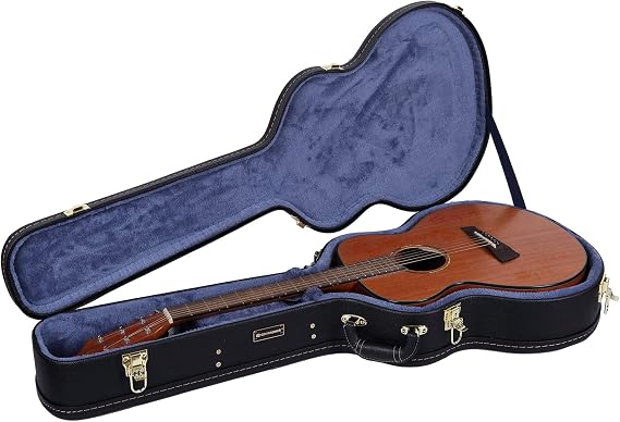 Crossrock Case - Hard-Shell Wooden Guitar Case - Fits OM/000-14 Fret Acoustic Guitars - Stainless Steel Latches, Sponge Lining, Metal Feet, Storage Space - Black