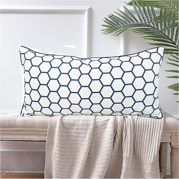 Throw Pillow Cover Decorative Couch Pillowcase Accent Carra 12X24 Hexagon Geometric Honeycomb Navy Blue Trellis Mesh Lattice Cushion Shell Print Polycotton Navy Blue Piping 30X60cm Sofa Bed