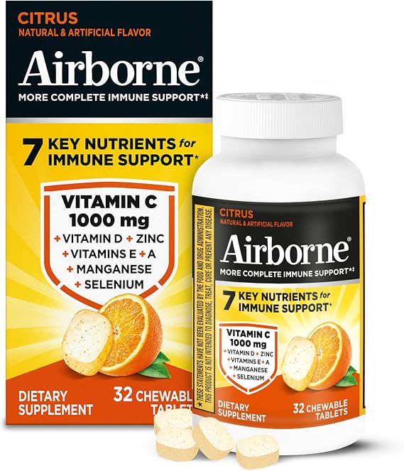Airborne Vitamin C 1000mg (per Serving) Citrus Chewable Tablets (32 Count in a Box), Gluten-Free Immune Support Supplement, with Vitamins A C E, ZINC, Selenium, Echinacea & Ginger, Antioxidants