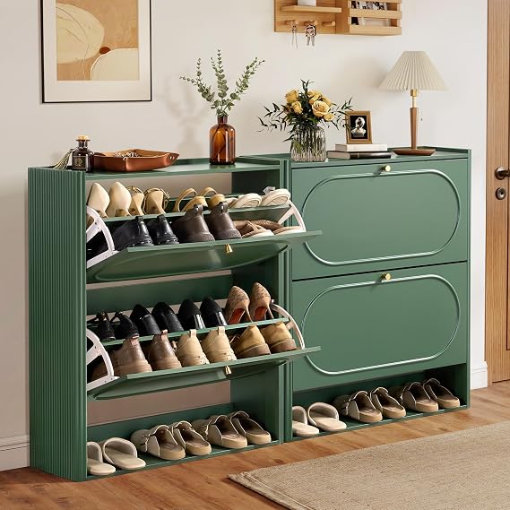 Shoe Storage Cabinet with 2 Flip Drawers Set of 2, Wood Narrow Shoe Cabinet for Entryway, Fluted Hidden Shoe Organizer, Freestanding Slim Shoes Cabinets for Foyer, Hallway-Green