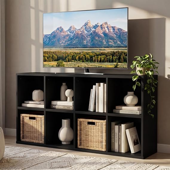 YESHOMY Modern TV Stand with 8 Open Shelves for TVs up to 55 Inch, Black