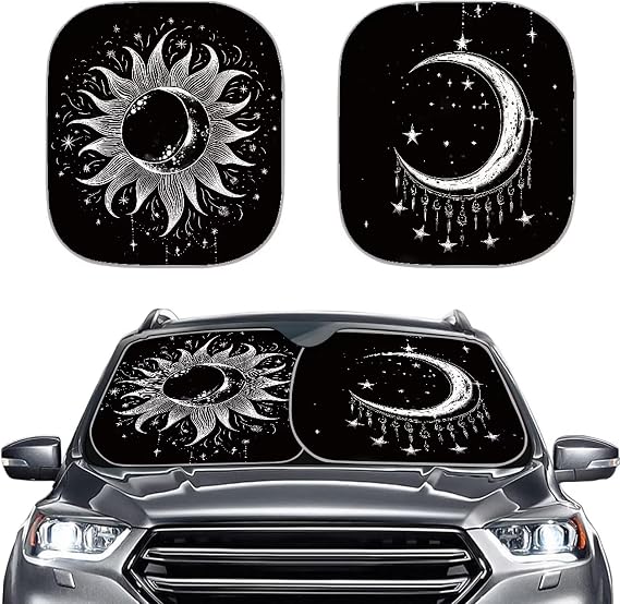 Sun Moon Windshield Sun Shade Foldable Sun Blockers, Cute Sunshade for Car Windshield Automotive Interior Sun Protection SUV Trucks Sun Shield