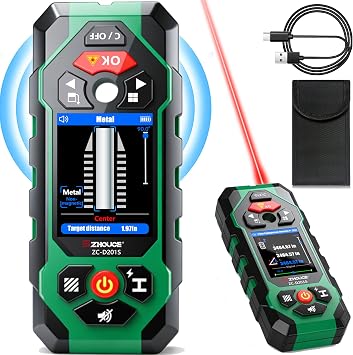 Stud Finder Wall Scanner with Laser Measure and Level 10 in1 Wall Detector Precisely Locates Wooden Studs/Metal Pipes/AC Power Stud Detector Beam Finders Studs Joist Pipe Edge of Wood LCD Display