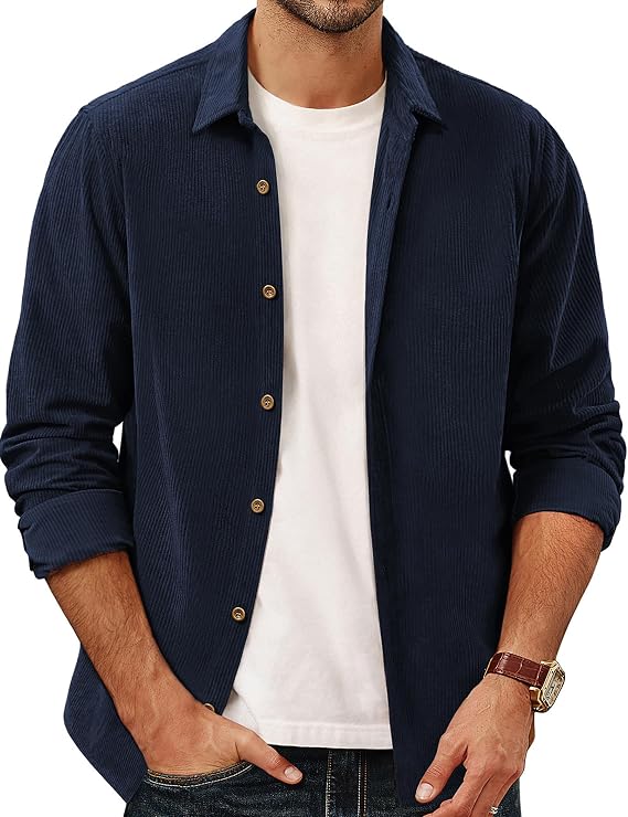 PJ PAUL JONES Men's Button Down Shirt Long Sleeve Corduroy Untucked Shirts