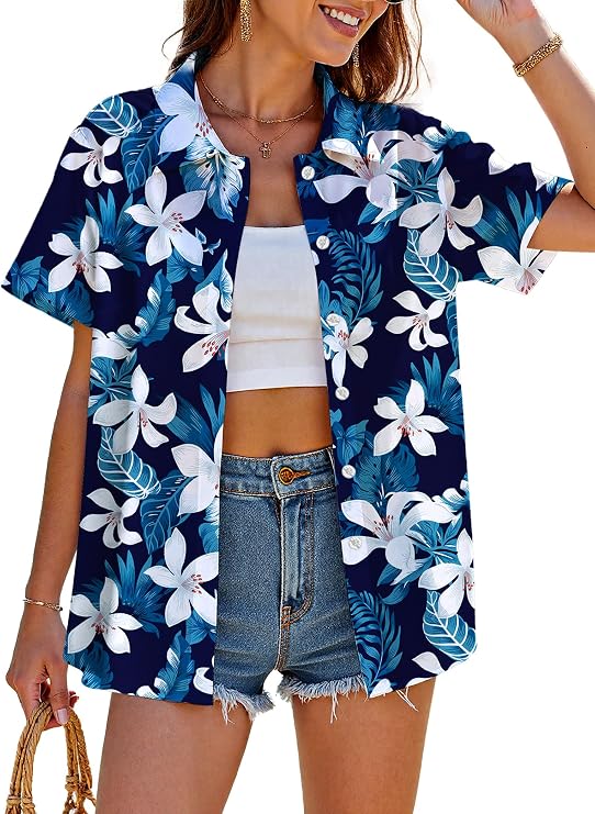 Women Hawaiian Shirt, Quick Dry Breathable Soft Cool Summer Hawaii Shirts Floral Tropic Print V Neck Travel T-Shirt
