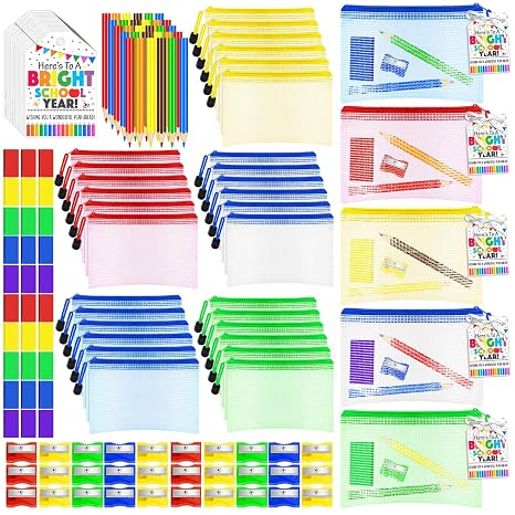 181 Pcs Back to School Gift Include 60 Colorful Pencils 30 Eraser 30 Mesh Zipper Pouch Bags and 30 Pencil Sharpener 30 Sheets Cards Set with Ribbon Stationery Favors for Classroom Exchange Gift