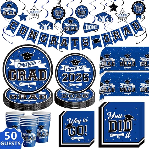 DAZONGE Graduation Decorations 2026 Blue, 265pcs Graduation Party Decorations 2026, Disposable Tableware Set for 50 Guests, Plates, Cups, Tablecloth with Congrats Grad Hanging Decor