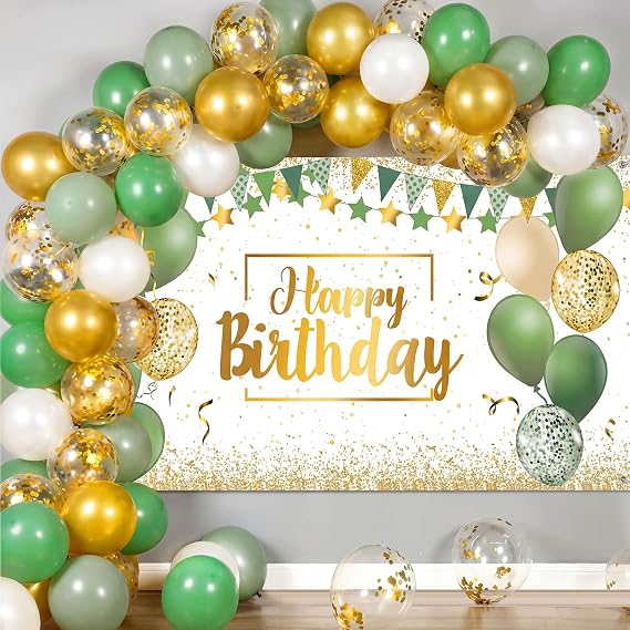 Tatuo Green and Gold Happy Birthday Balloons Backdrop Banner Kit