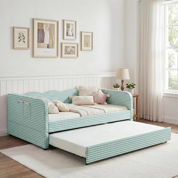 DEINPPA Full Size Gingham Day Bed with Trundle and Storage Pockets