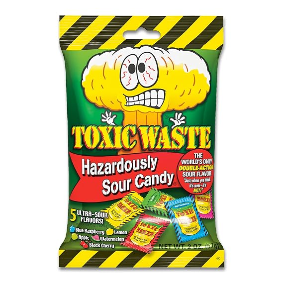 Toxic Waste Hazardously Sour Hard Candy, Assorted Flavors, 2 oz Peg Bag | Double-action extreme pucker, 5 ultra intense varieties, convenient pouch, great for retail or gifting