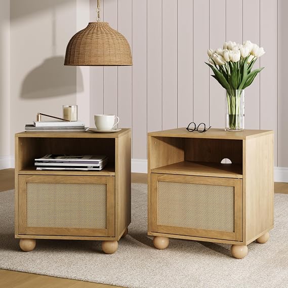 Nathan James Franco Faux Rattan Side Table Nightstand with Storage, Rustic Bedside Table with Solid Wood Legs, Light Brown Set of 2