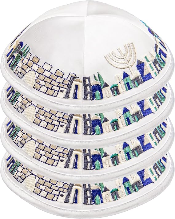 Pack of Hq 20cm Satin/Linen Kippah with Jerusalem Old City & Menorah Colorful Embroidery for Men & Boys-Yamaka Hat (White Satin, 4)