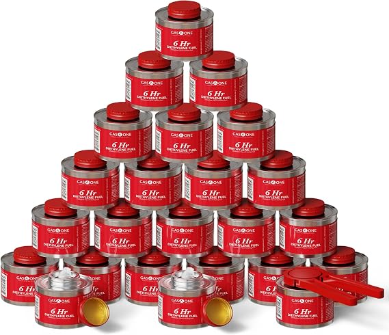 Gas One 24 Pack 6 Hour Chafing Fuel - Food Warmer for Chafing Dish Buffet Set - Reusable Liquid Safe Fuel With Wick & Lid Opener