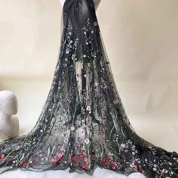 Black Tulle Exquisite Floral Alice Embroidered Dress Sewing Lace Fabric Stylish Costume Ballgown Prom Skirt 55 inches Width Sold by 1 Yard