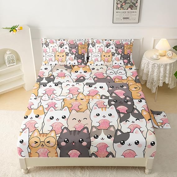 QOOMO Kawaii Cats Sheet Set,Cartoon Cat Kids Bed Sheets,Queen Size