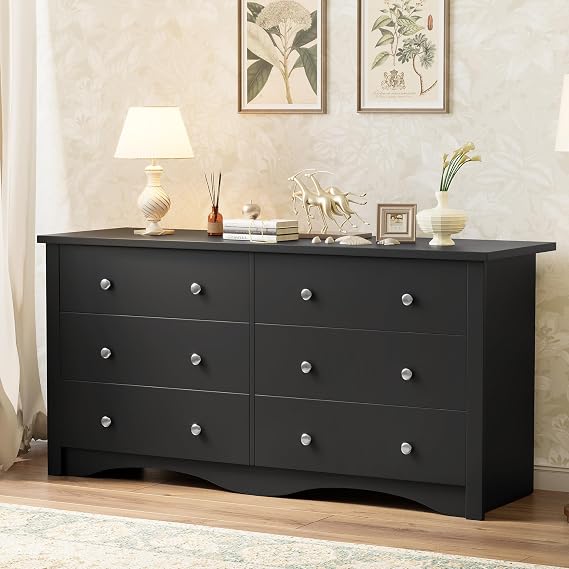 Shahoo Wood Dresser for Bedroom, Wide Chest of Drawers with 6 Drawers,Storage Tower Unit, Modern Closet Store Organizer for Closet, Hallway (Dark Black)