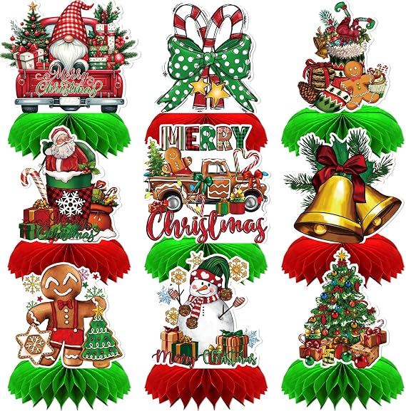 Christmas Party Table Decorations, 9Pcs 3D Christmas Honeycomb Centerpieces with Santa Claus & Snowman Designs, Festive Table Toppers for Winter Christmas Party Supplies