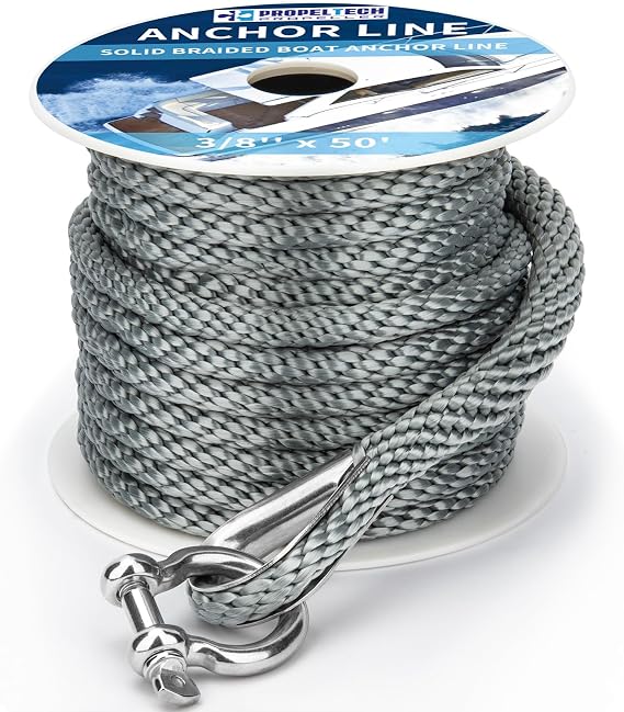 Boat Anchor Rope 3/8 inch 50ft Premium Solid Braid Nylon MFP Boat Rope with Stainless Steel Thimble & Shackle, Quality Marine Line, Grey,Boat Accessories