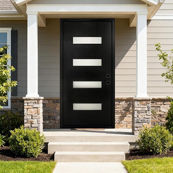 Front Entry Door 36 x 80 inch, Glass French Home Wood Door Exterior, Solid Fiberglass French Pantry Doors Interior with Hardware Kit, Left Hand Swings in, Black Slab & White Frame