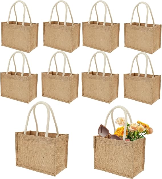 10Pack Burlap Tote Bags, 23×11x16cm Jute Gifts Tote with Handles, Small Beach Bags, Grocery Shopping Bag for Thanksgiving, Christmas, Bridesmaid, DIY, Shopping, Pool, Wedding(10Pack)