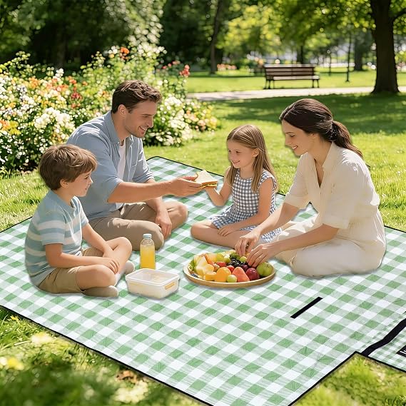 Large Cute Gingham Picnic Blanket Outdoor Camping Picnic Mat Foldable Waterproof Sand Proof Beach Blanket 77"X58" Portable Rug for Picnics Beach Lawn Grass Hiking Concerts Tent Play Mat, Green & White