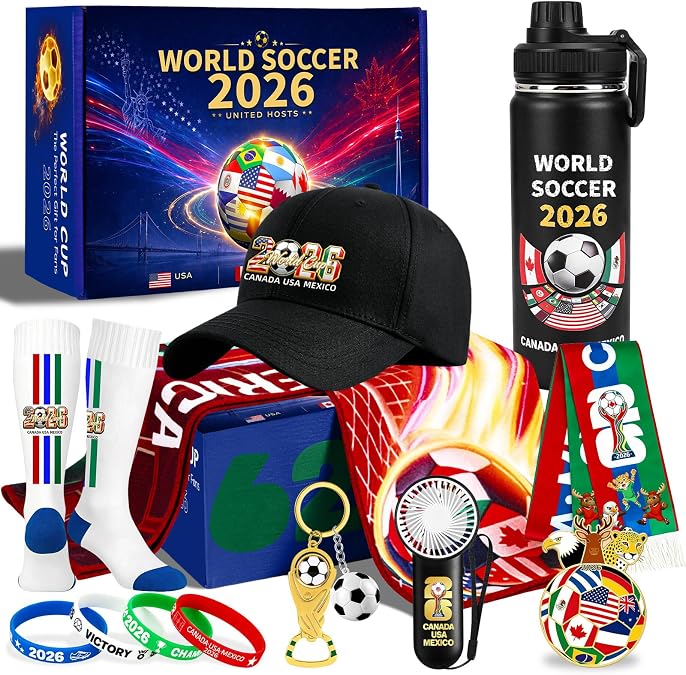 Soccer Fan Gift Basket Kit 2026-13 Pack Sports Accessories Including Stainless Steel Tumbler, Hat, Socks, Towel, Keychain - Triple Nation Flag Design for Game Day Parties Soccer Lover Gift