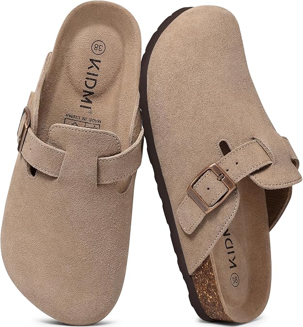KIDMI Genuine Suede Clogs Women Cork Footbed Leather Mules Arch Support