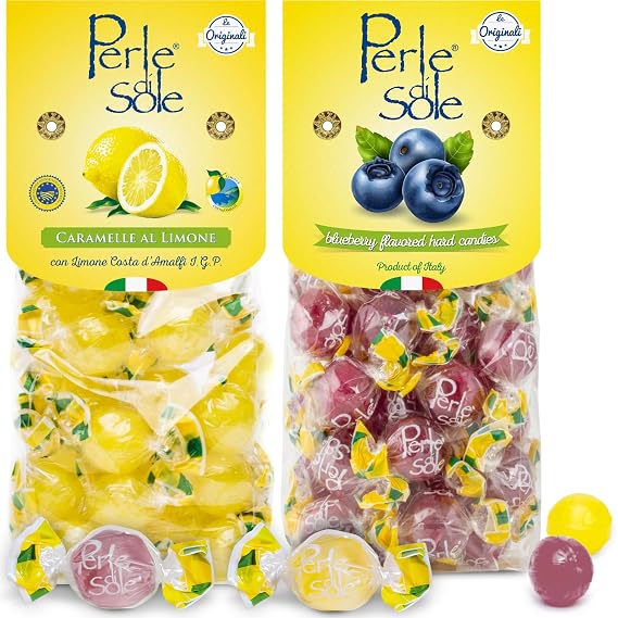 Perle di Sole Candy from Italy - Variety Pack Blueberry and Lemon Drops - Italian Hard Candy Individually Wrapped (Mix of 2 x 7.05oz Bag)