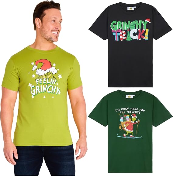 The Grinch Gifts Christmas T Shirts for Men, Teens, 3 Pack Crew Neck Tees, Tshirt Lounge Wear Dr Seuss Holiday Gifts for Men