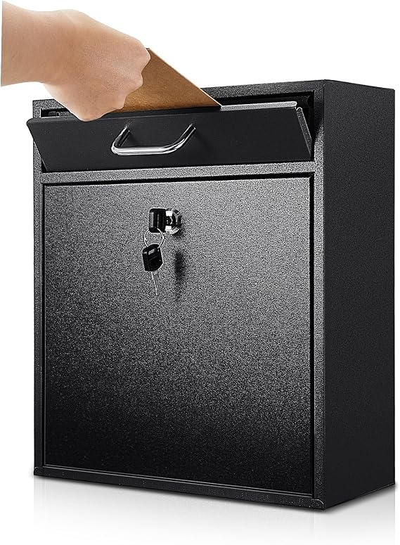 Yaocom Locking Mailbox with Key for Outdoor 12 x 10.5 x 4.7 Inches Large Wall Mount Mail Box with Lock Security Mail Drop Metal Collection Boxes Hanging Secure Postbox(Black)
