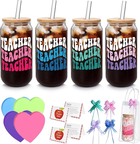 Mason Life Teacher Appreciation Gifts- 4 Pack 18oz Teachers Glass Cup