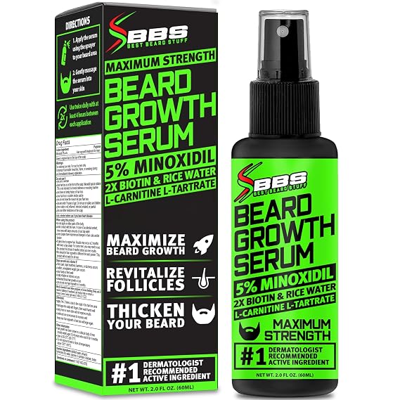 Minoxidil for Beard Growth 5% Serum with 2X Biotin & Rice Water, Promotes Thicker, Fuller Facial Hair, Ideal for Patchy Areas, Revitalizes Follicles