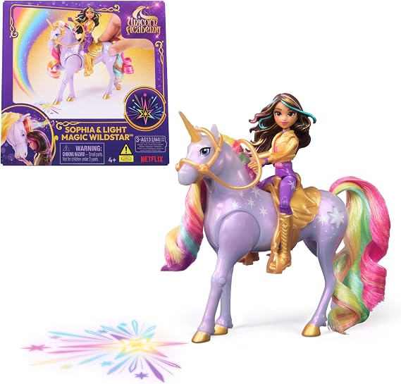 Unicorn Academy, Sophia & Light Magic Wildstar, Gökkuşağı Işık Efektli, 2 Sürüş Aksesuarı, Bebekler ve Tek Boynuzlu At Oyuncakları 4 Yaş ve Üzeri Kızlar için