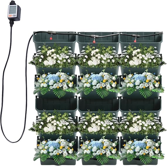 Self-Watering Wall-Mounted Planter, 18 Pots Vertical Wall Planters with Intelligent Control & Drain Hose, Wall Flower Pots for Indoor Outdoor Plants Vegetable Fruit Herb (Green)