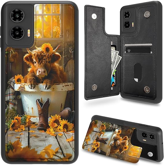 for Moto Edge 5G 2024 Case Wallet Case with Card Holder,PU Leather Kickstand Double Magnetic Clasp Shockproof Cover for Motorola Moto Edge 5G 2024,Highland Cow Sunflower