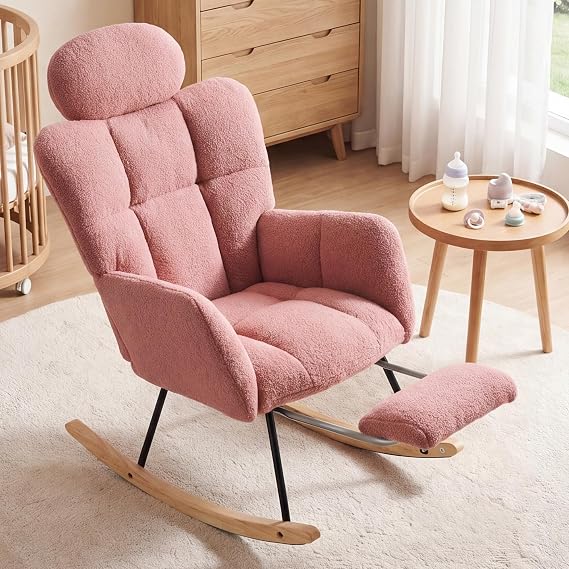 DEKKETO Teddy Nursing Rocking Chair with Footstool and Headrest, Pink | Silent Rocking Motion, Adjustable Headrest, Wooden Armchair for Living Room and Bedroom, 136 kg Capacity