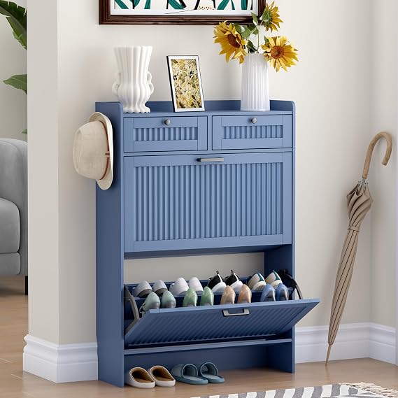 Fluted Shoe Cabinet for Entryway, 2 Flip & 2 Top Drawers, Blue