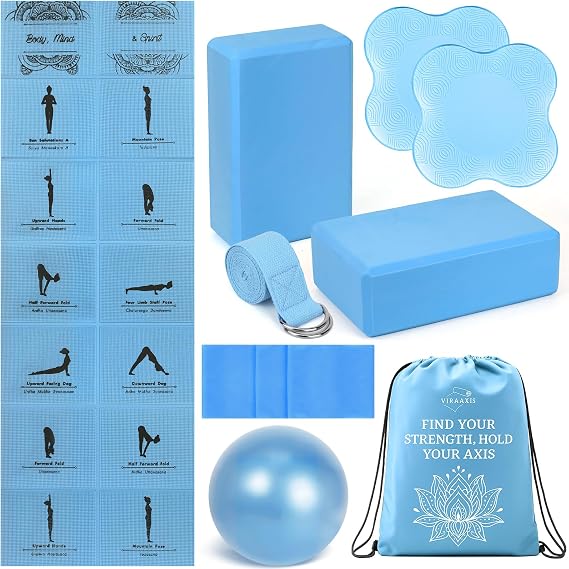 Foldable Non-Slip Yoga Mat and Blocks Set for Women, 9-Pcs Yoga Starter Kit