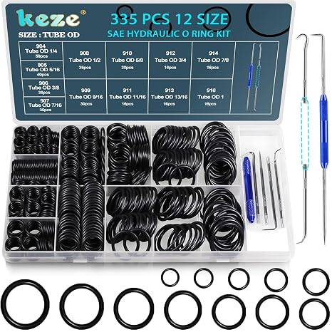 KEZE 335 Pcs Hydraulic O-Ring SAE 900 Series 12 Size Buna-N 70A Inch O Rings Seal Kit for Hydraulic Fitting,Straight Thread Tube Fittings,Cylinders,BOSS ORB Fittings