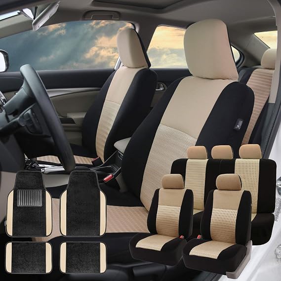 FH Group Trendy Elegance Car Seat Covers, Airbag Compatible and Split Bench w. Premium Carpet Black Floor Mats- Fit Most Car, Truck, SUV, or Van (Beige/Black) FB060115