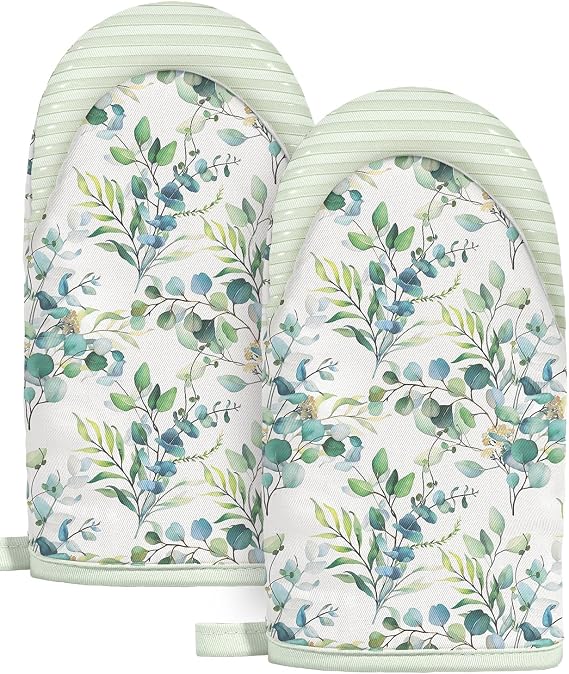 Slohif Sage Green Mini Oven Mitts Set Flower Extended Short Heat Resistant Kitchen Gloves for Women, 100% Cotton Oven Mitts with Silicone Grips, Non-Slip and Thick Durable for Cooking & Baking
