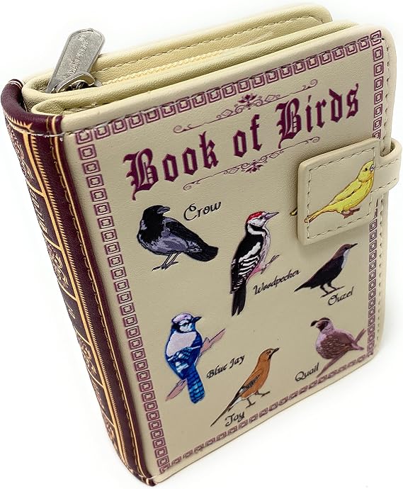 Shag Wear Book of Birds Small Womens Wallet, Vegan Faux Leather Bifold with Card Slots, ID Window and Compact Snap Closure in Beige 4.5"