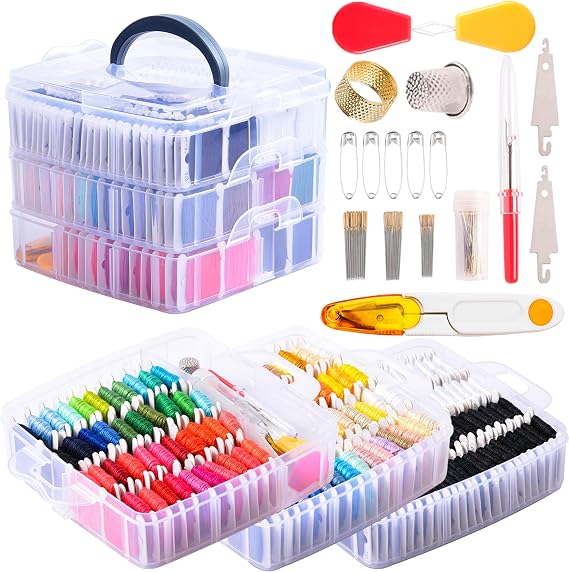 201 Pack Embroidery Floss Kit, Includes Embroidery Threads 3-Tier Organizer Box Embroidery Kits for Friendship Bracelets Cross stitch DIY Floss Craft, Gift for Halloween Christmas Mother's Day