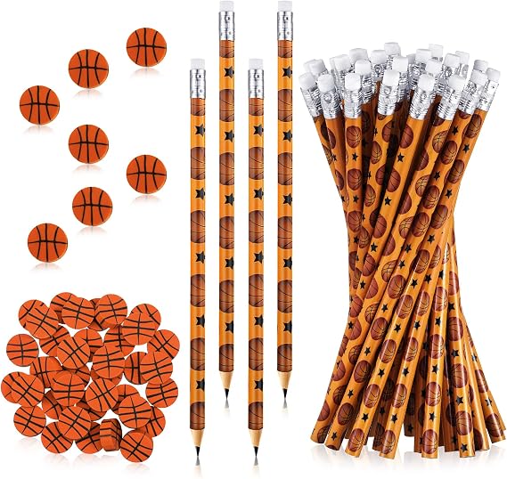 Tinlade 72 Pcs Basketball Pencils and Erasers Fun Wooden Pencils for Kids Boys Sports Themed Stuff Birthday Party Favors Gifts Goodie Bags Students Stationery School Office Supplies Teacher Prizes