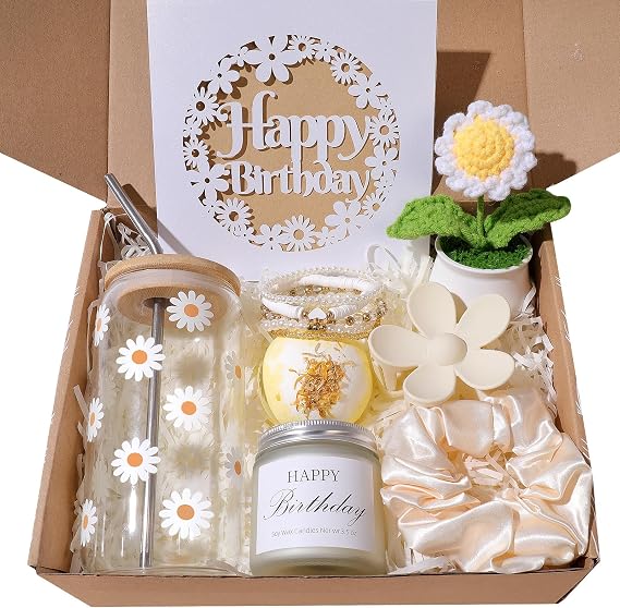 Birthday Gifts For Women, Happy Birthday Gift Box For Girl,Teen Girl, Her, Women, Sister, Daughter, Friends, Daisy Aesthetic Glass Cups Gift Set 8pcs