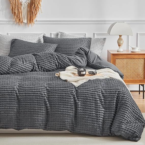 WARMDERN Dark Grey Boho Duvet Cover Set Queen Size, Tuft Texture, 3-Piece