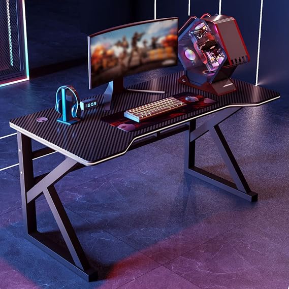 Gaming Desk, K Shape Computer Desk with Carbon Fiber Surface, Home Office Ergonomic PC Desk, Gamer Workstation 31", Black