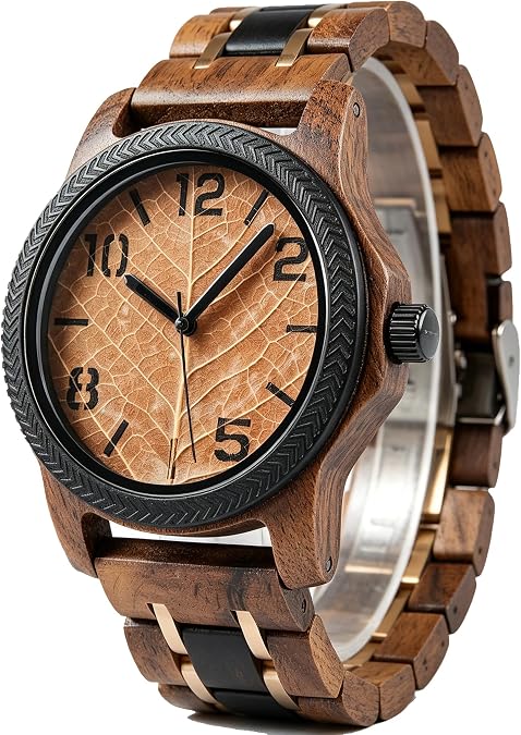 EBONY Wood Watch for Men Natural Wooden Japanese Quartz Minimalist Style Mens Wristwatch Unique Real Leaf Vein Dials Lightweight Casual Watches